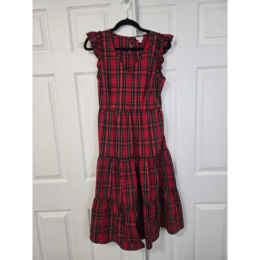J.Crew Red Tartan Plaid Ruffle Sleeve Tiered Midi Dress ‎ Womens 6 Holiday